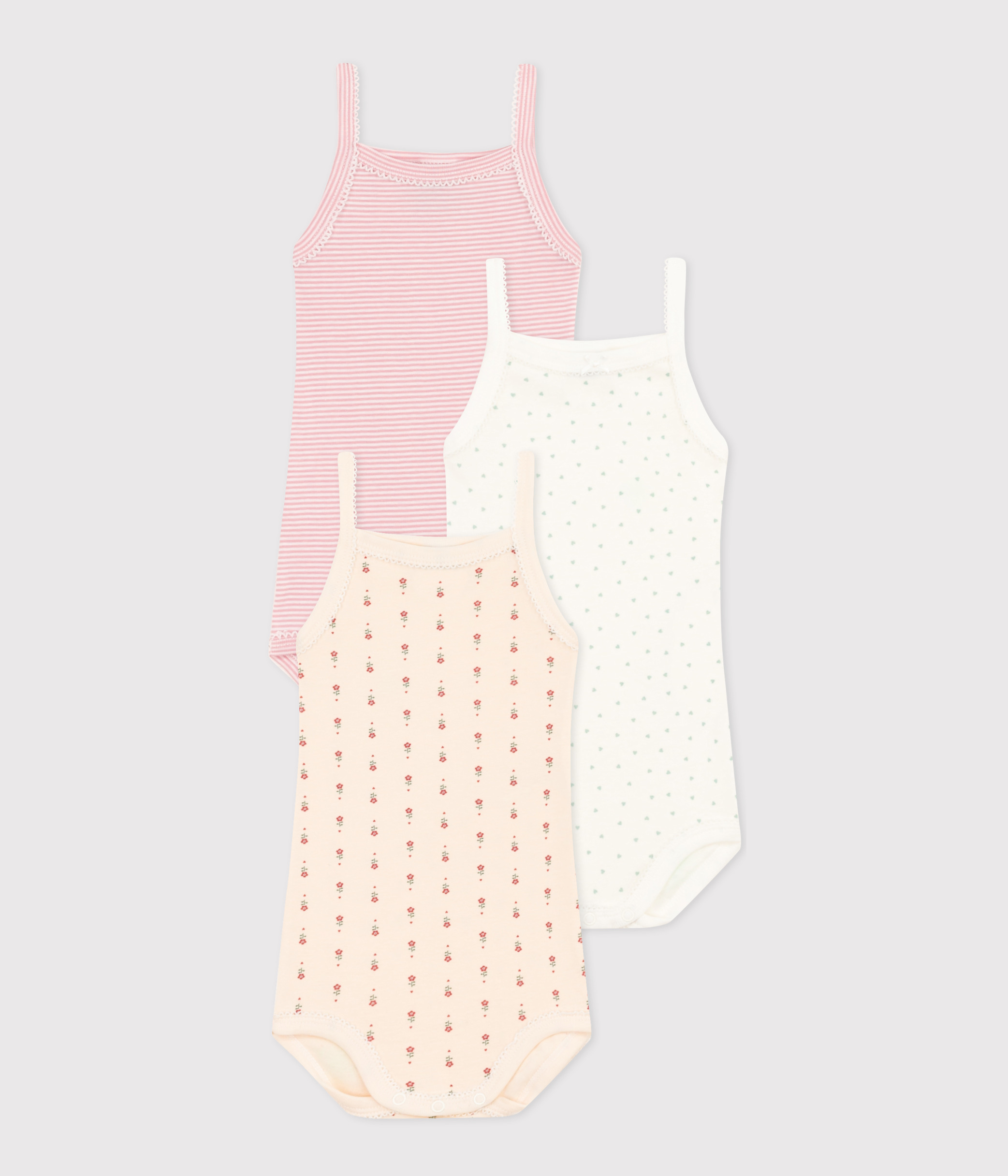 Babies' Floral Cotton Bodysuits with Straps - 3-Pack