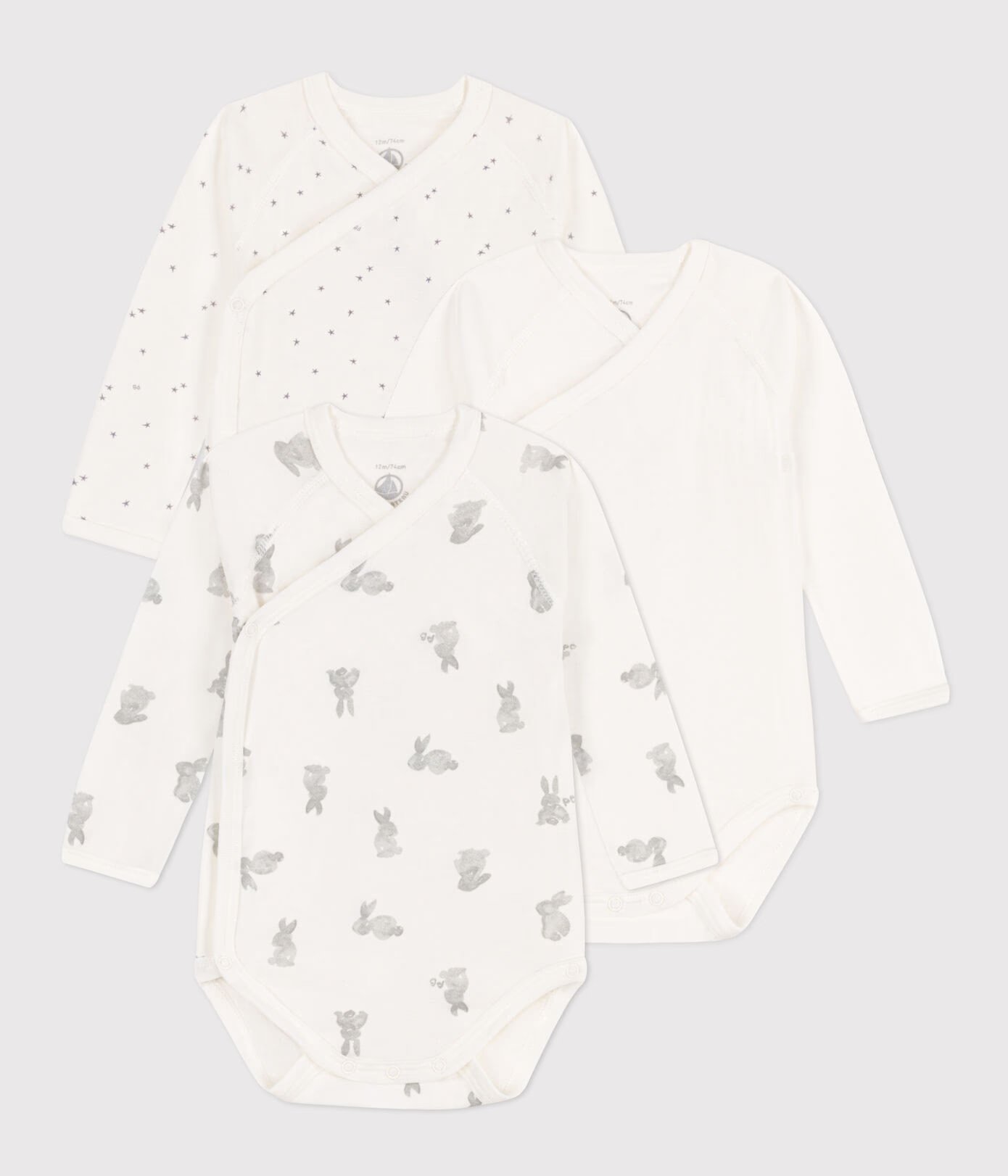 Long-Sleeved Wrapover Rabbit Themed Cotton Bodysuits - Pack Of 3