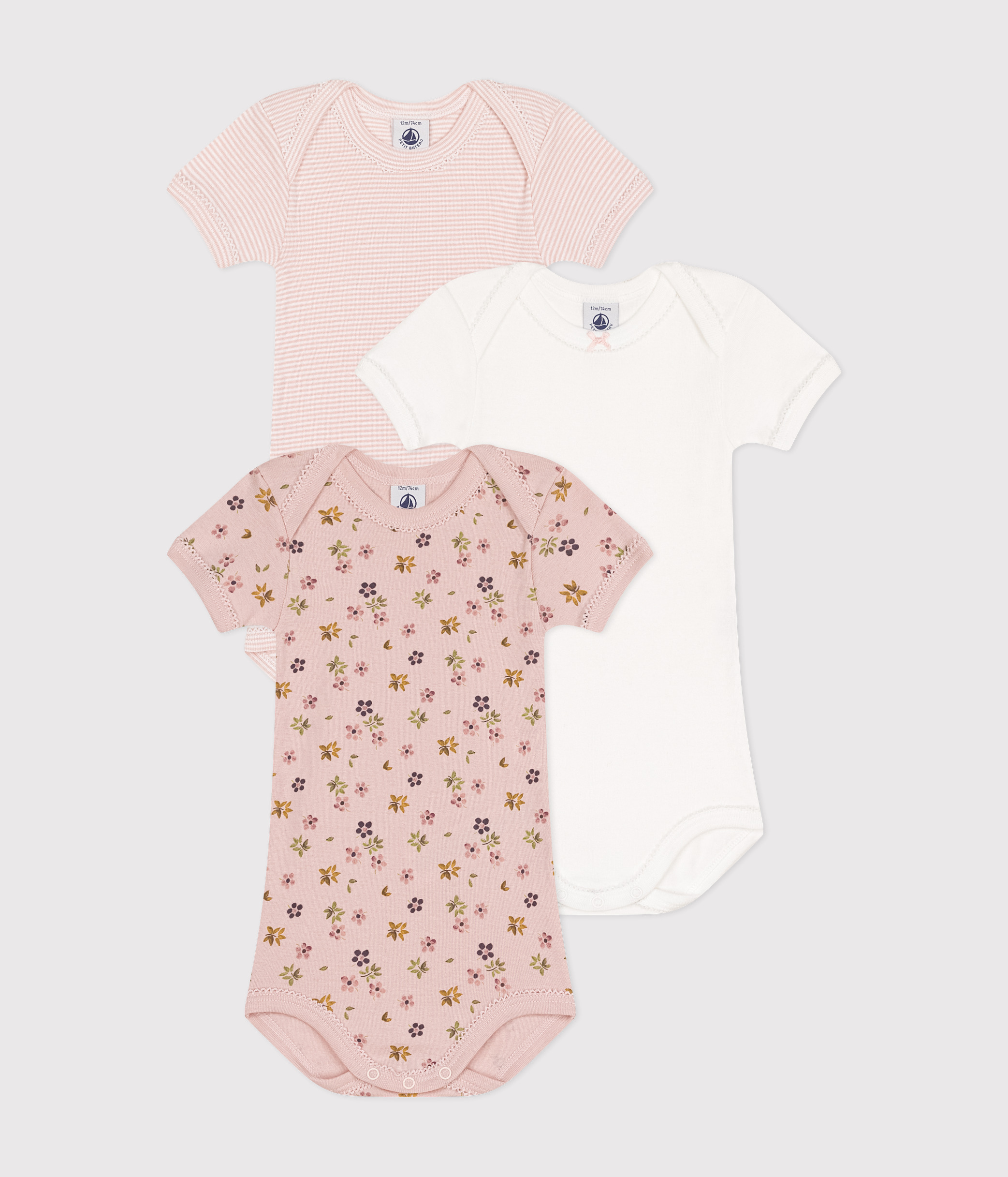 Babies' Short-Sleeved Floral Cotton Bodysuits - 3-Pack