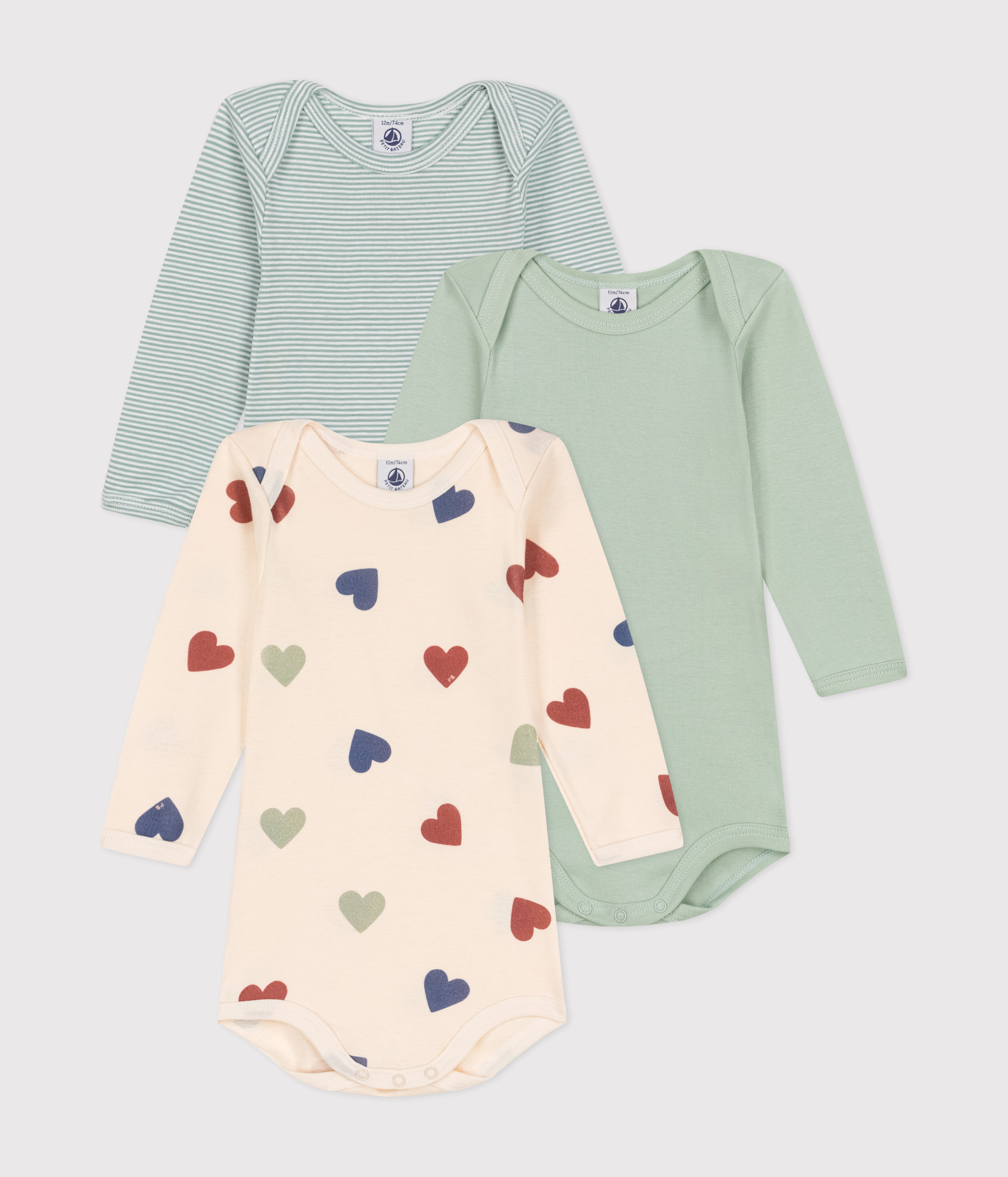 Babies' Long-Sleeved Triple Heart Print Cotton Bodysuits - 3-Pack