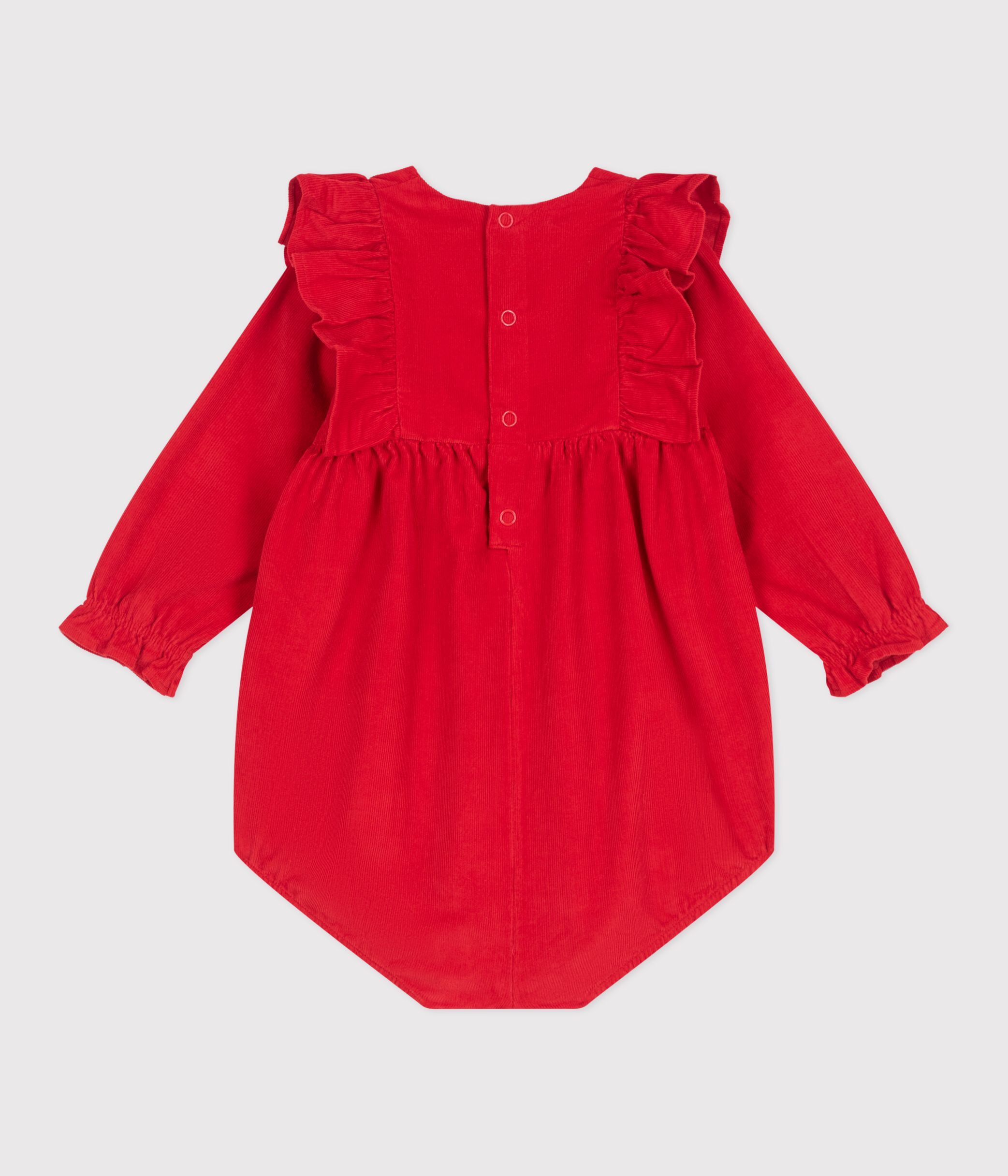 Babies' short corduroy playsuit with smocking and ruffles