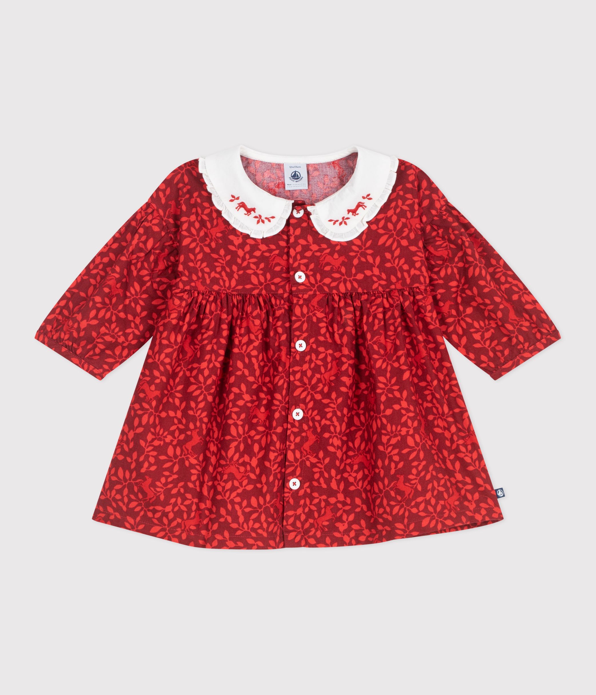 Babies' long-sleeved printed cotton dress with an embroidered collar
