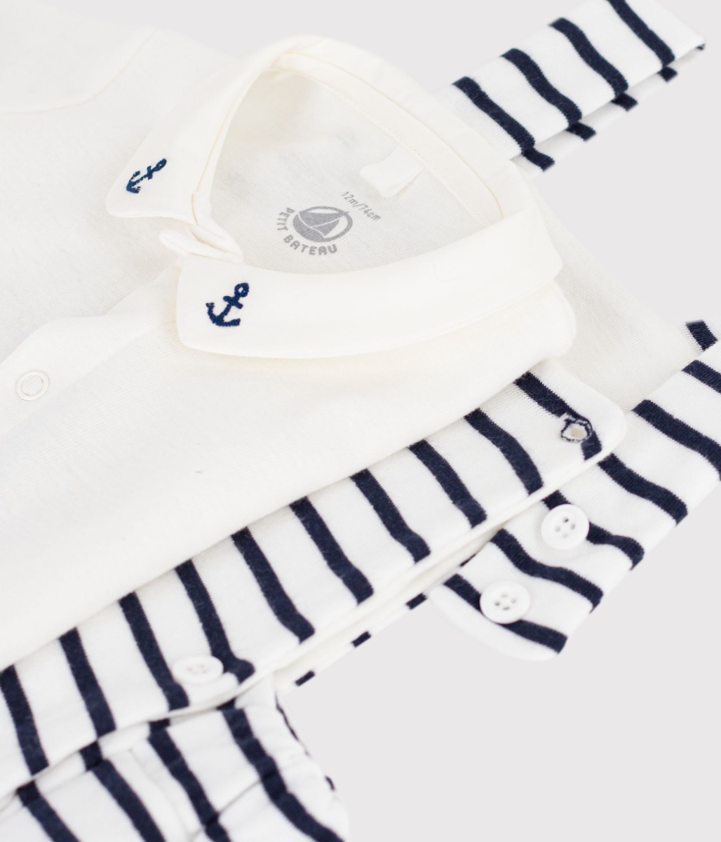 Babies' two-piece set in stripy cotton with embroidered details