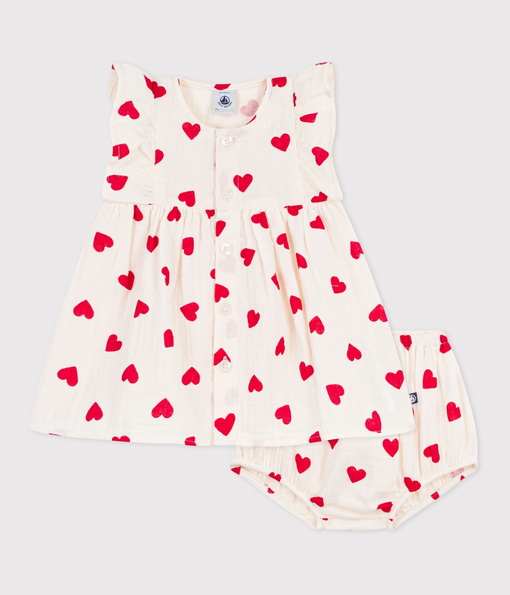 Babies' cotton baby dress with bloomers, printed with hearts