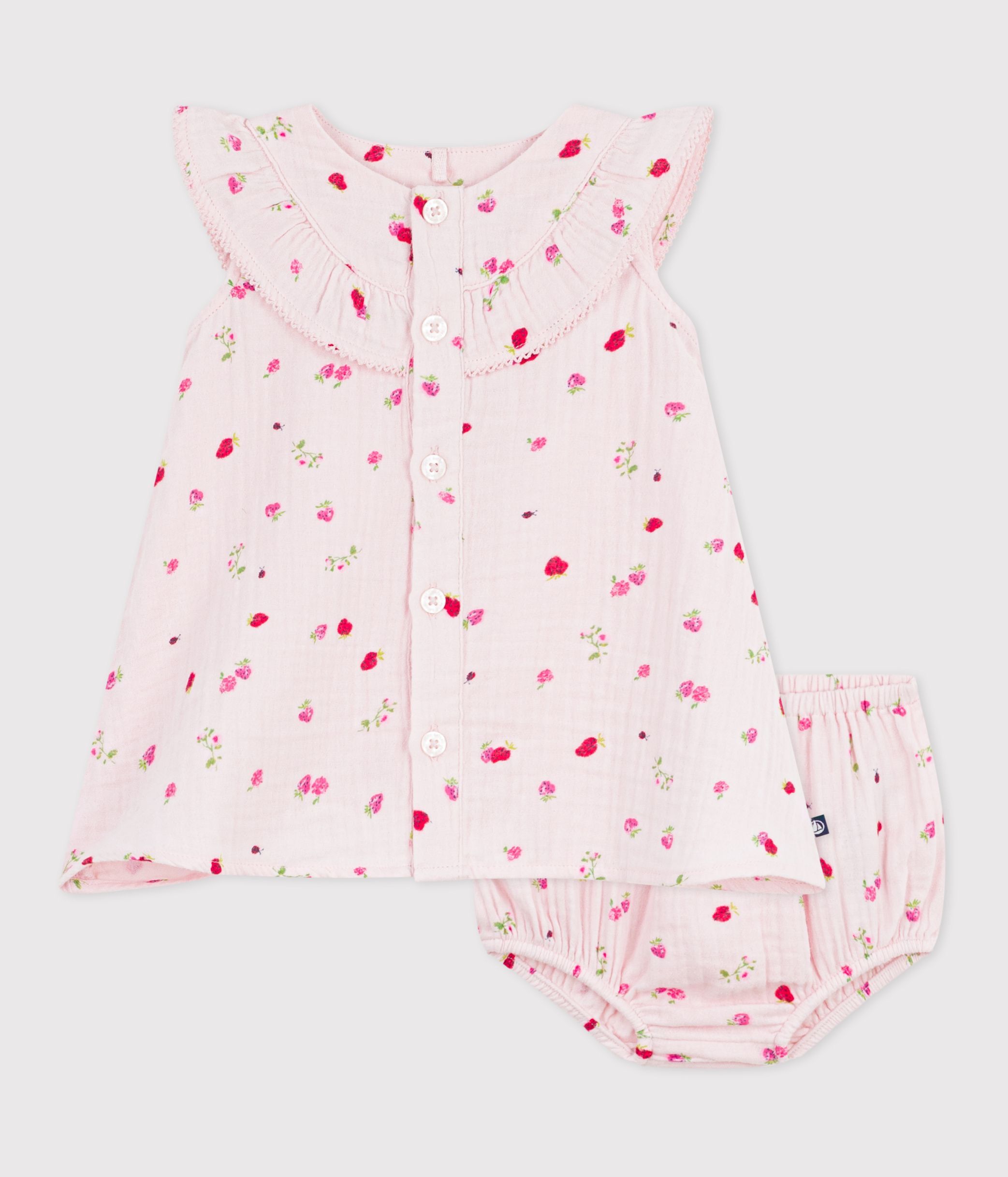 Babies' cotton baby dress with bloomers, printed with flowers