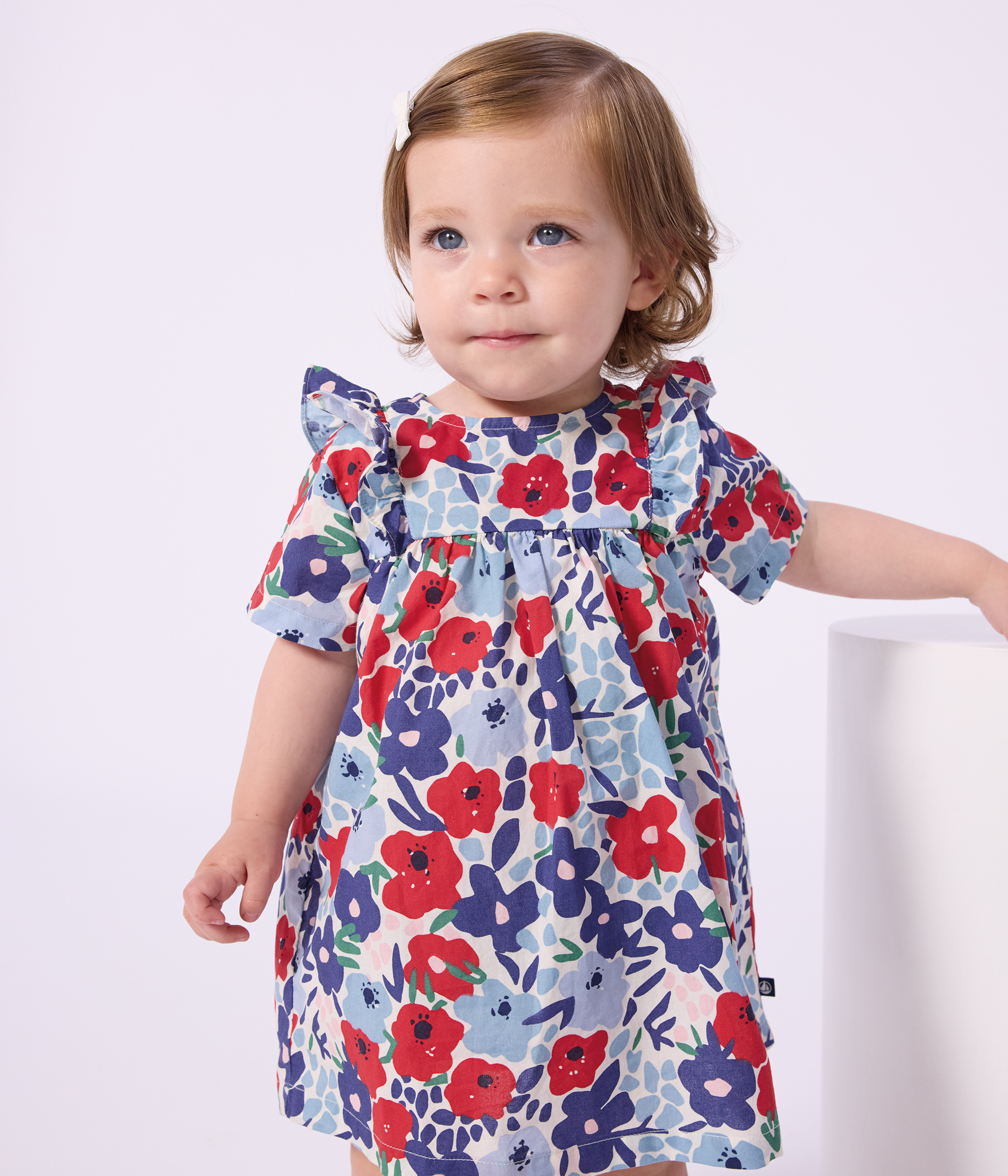 Babies' short-sleeved cotton dress and matching bloomers printed with hearts
