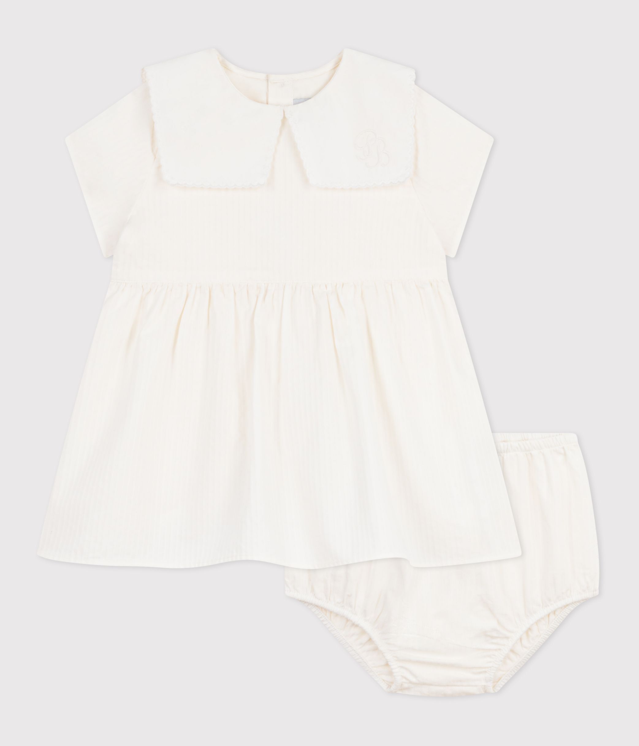 Babies' dress in cotton/linen with short sleeves and bloomers