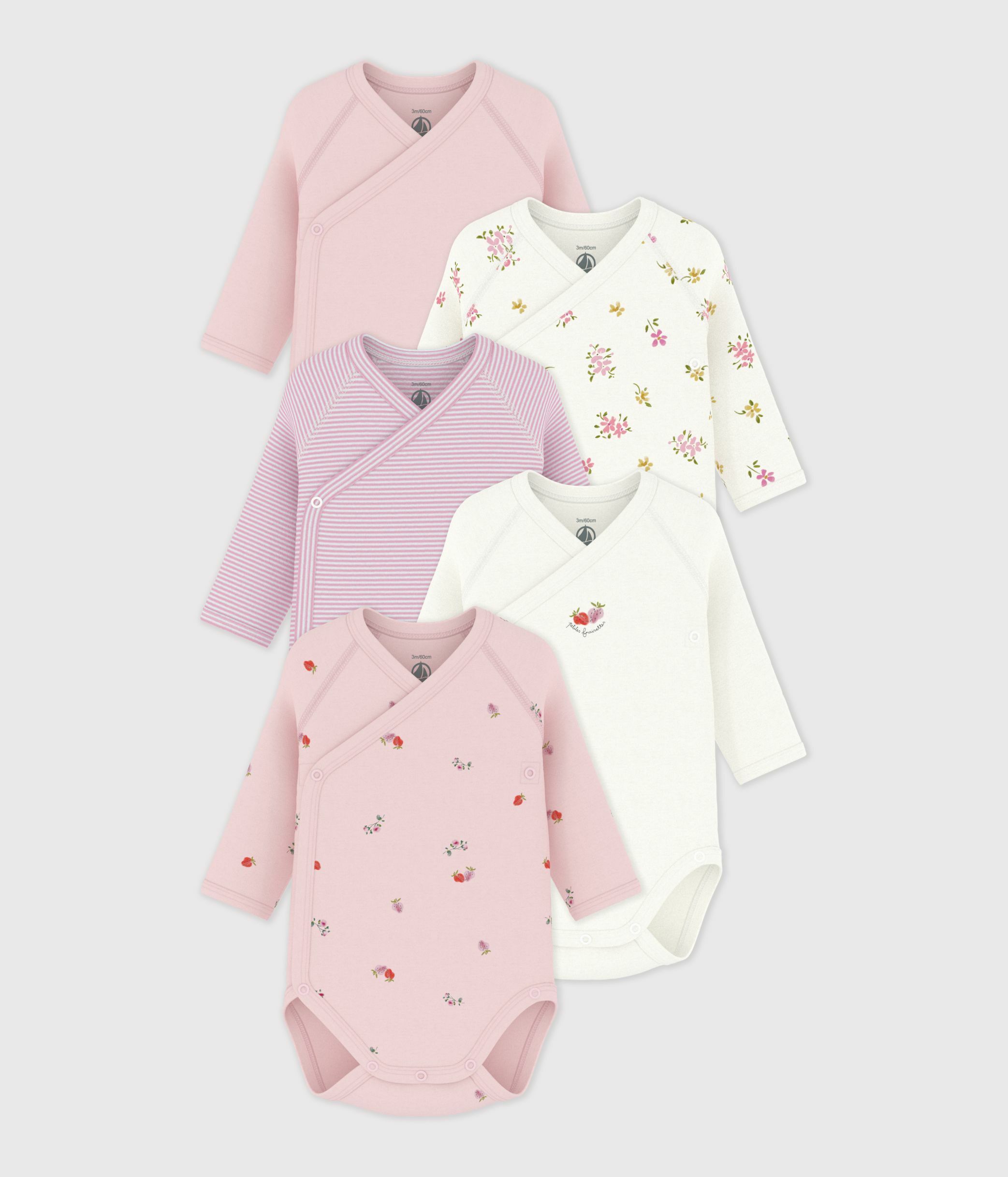 Pack of babies' long-sleeved printed cotton wrapover bodies