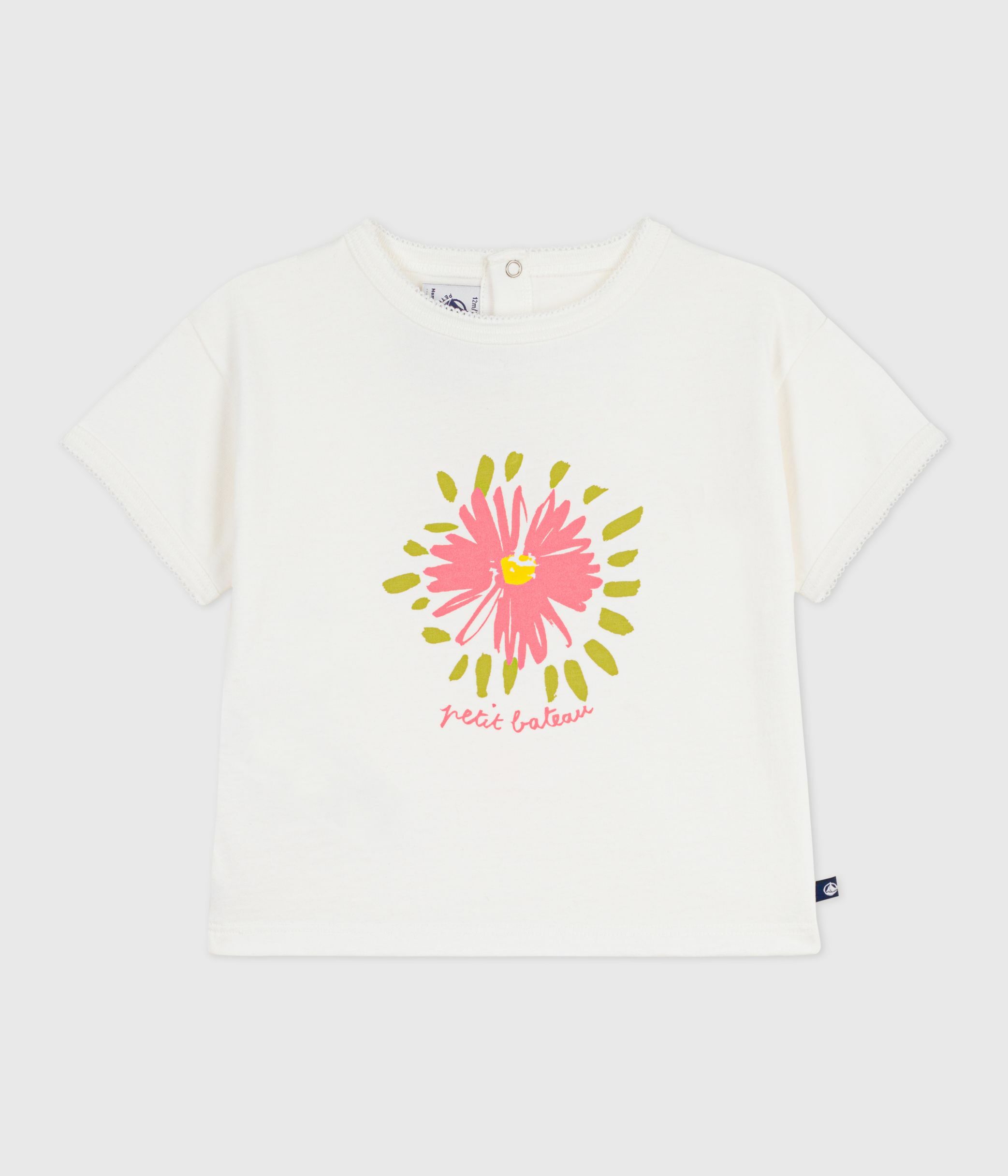 Babies' short-sleeved cotton T-shirt with a flower motif