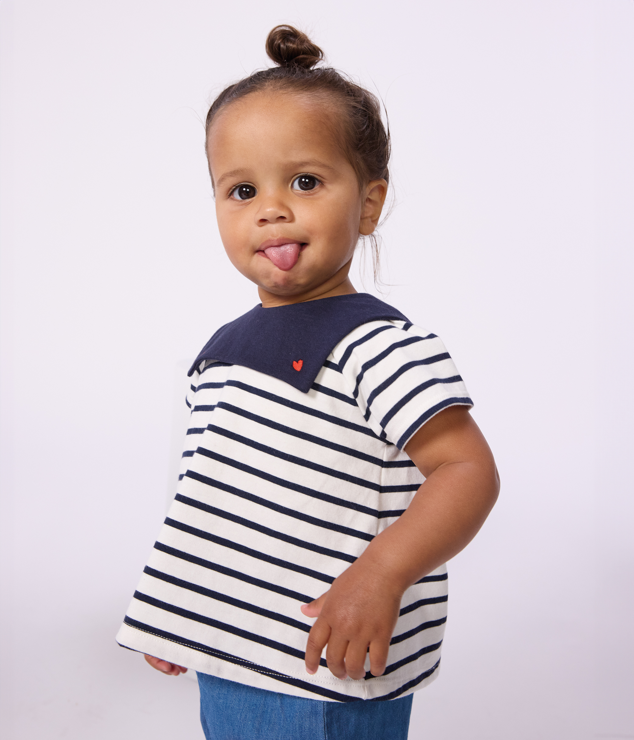 Babies' blouse in Breton stripe cotton with an embroidered collar