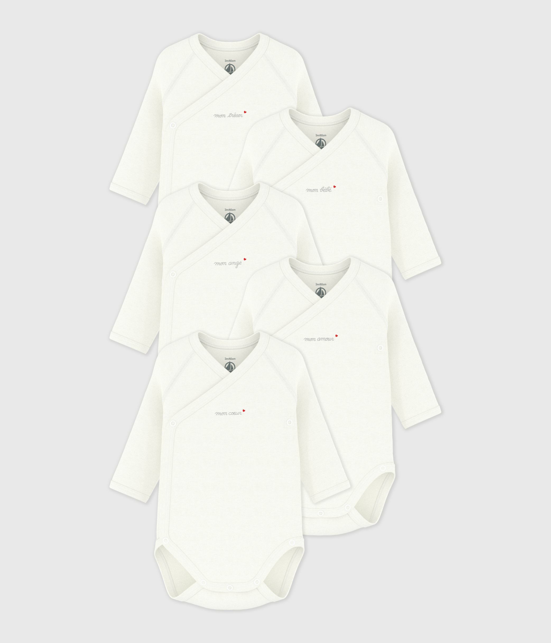 Pack of babies' long-sleeved crossover bodies in plain cotton