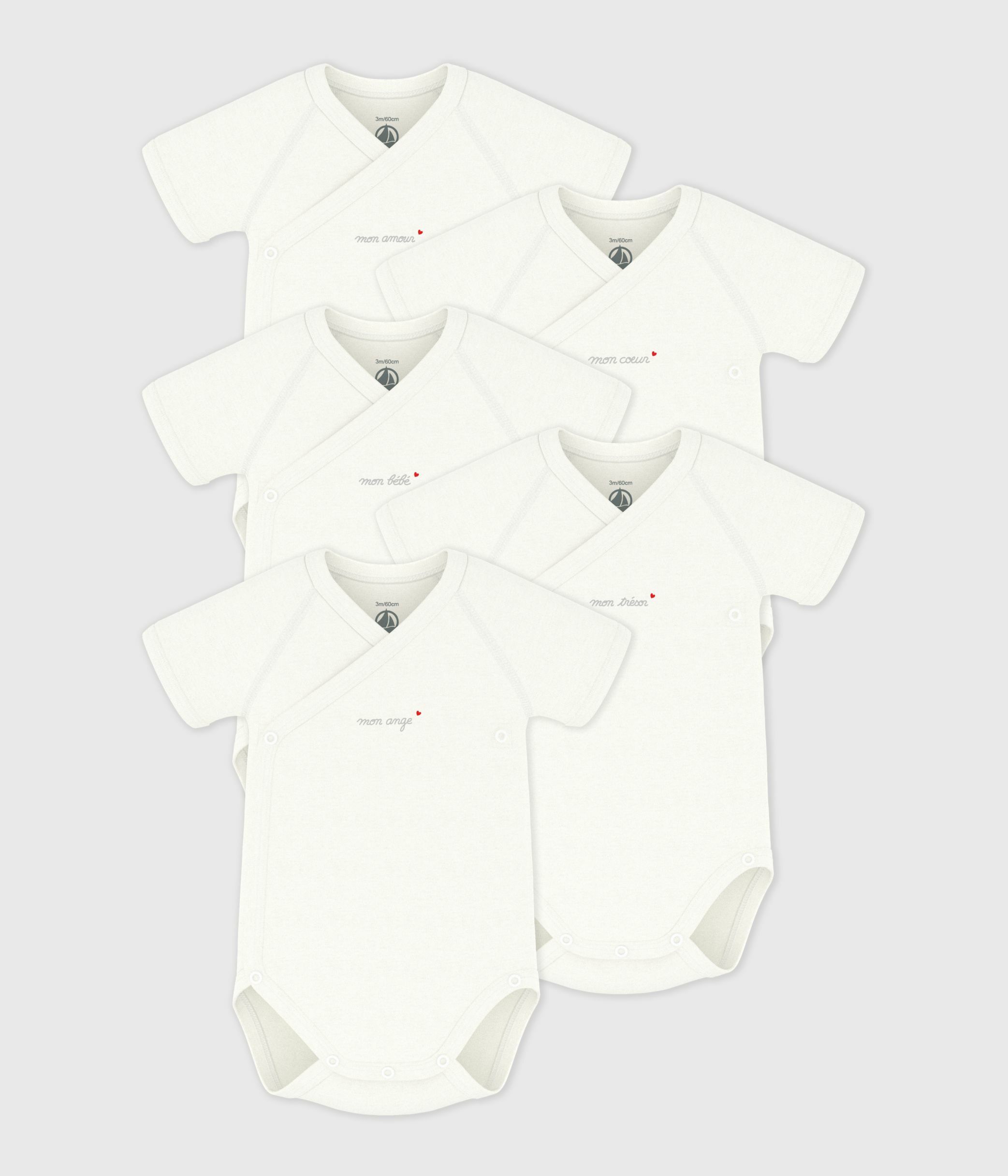 Pack of babies' plain cotton short-sleeved crossover bodies
