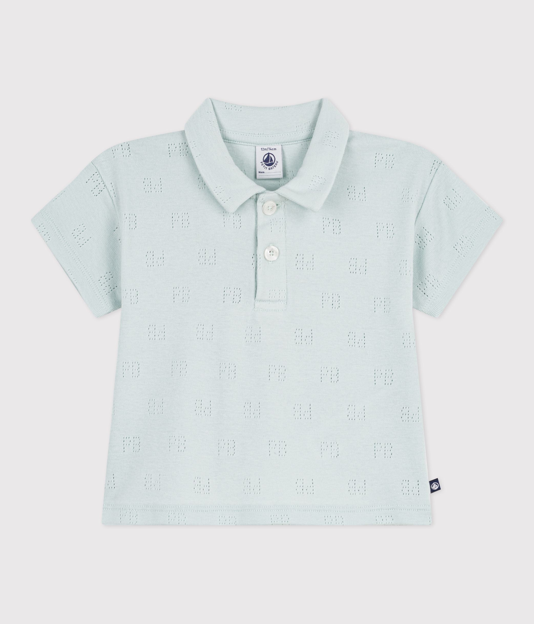 Babies' short-sleeved patterned openwork cotton polo shirt