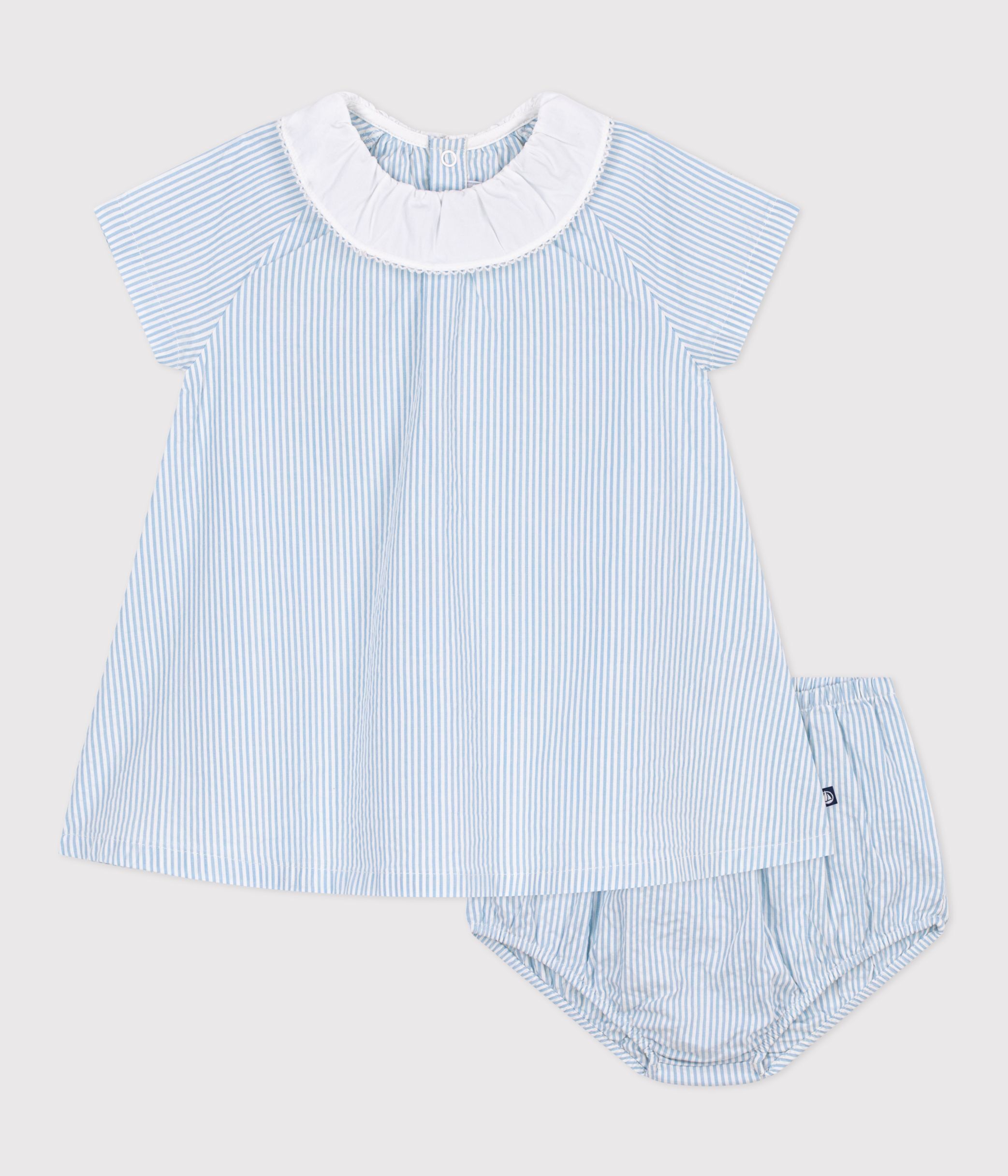 Babies' short cotton dress with its own stripy bloomers