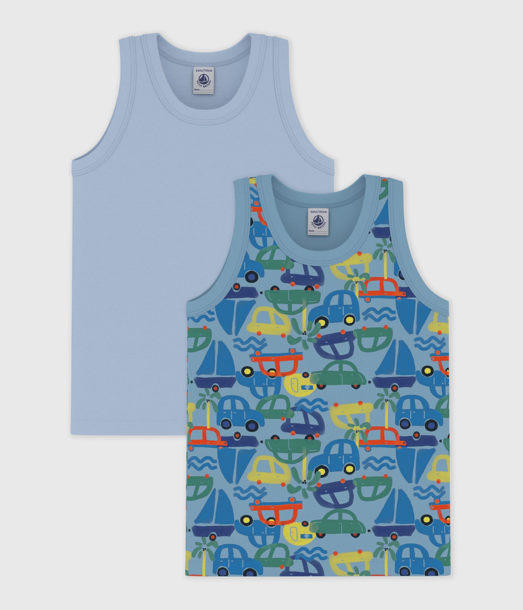 Pack of children's cotton tank tops printed with cars
