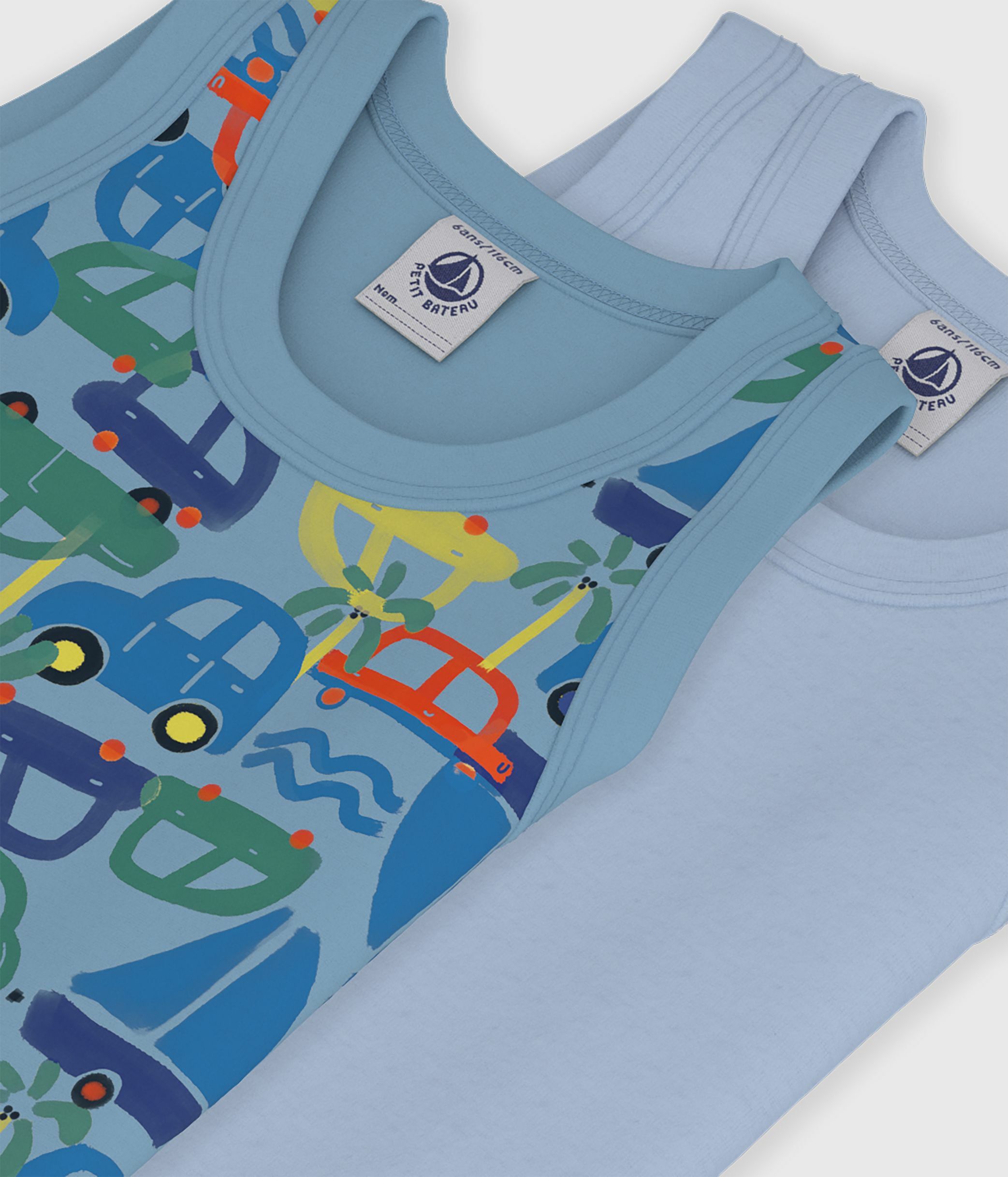 Pack of children's cotton tank tops printed with cars