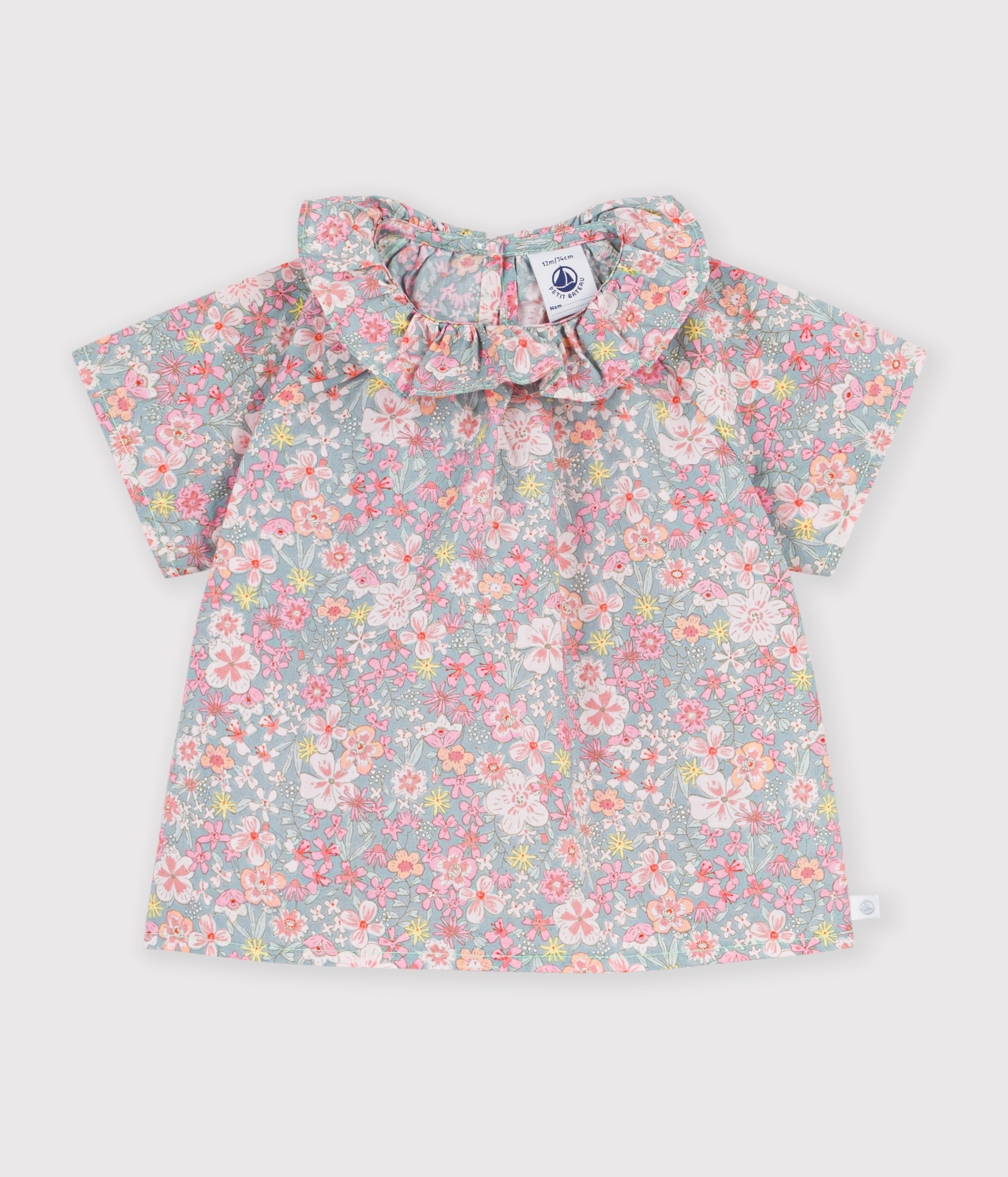 Babies' short-sleeved cotton blouse with a flower print