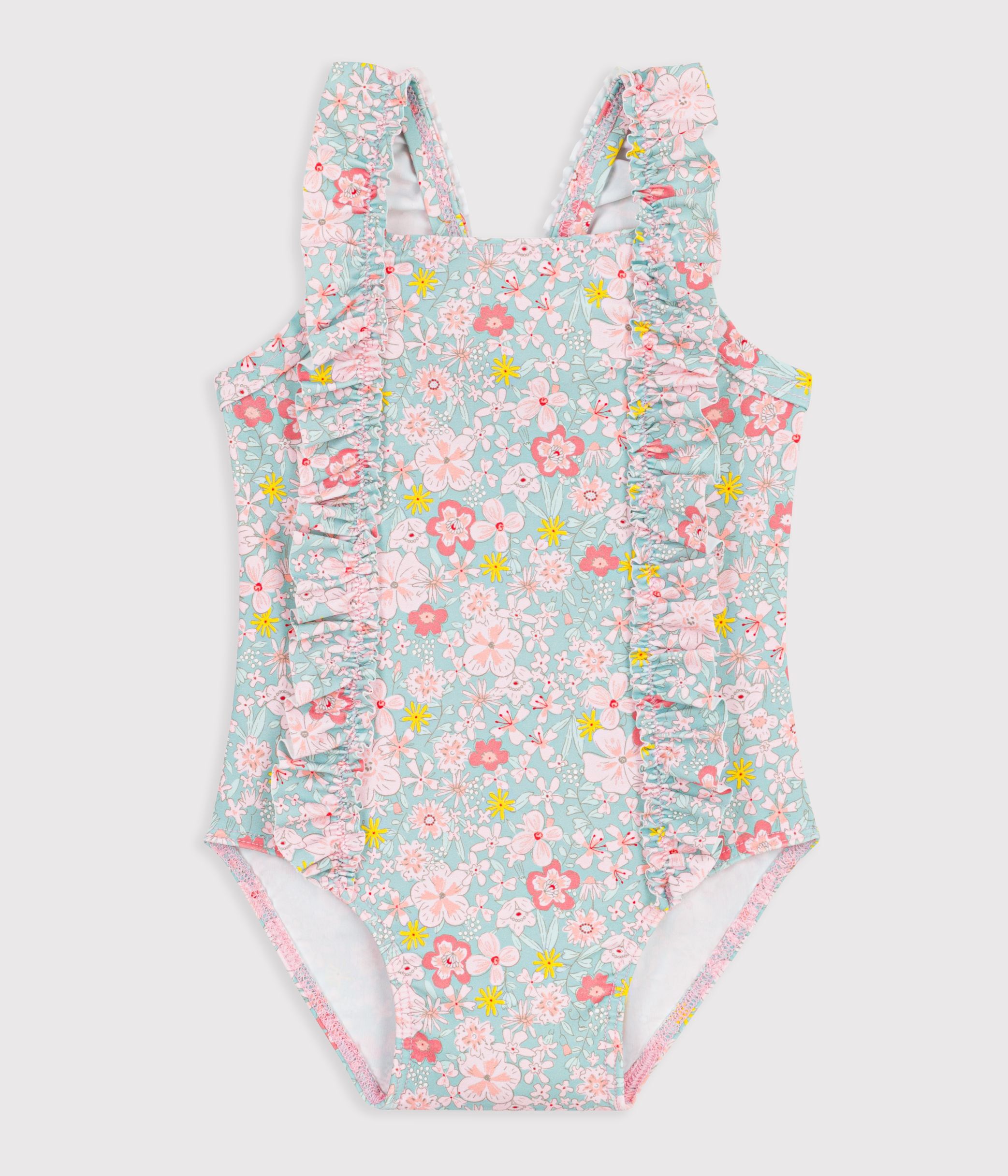 Babies' one-piece swimsuit with ruffles and a flower print.