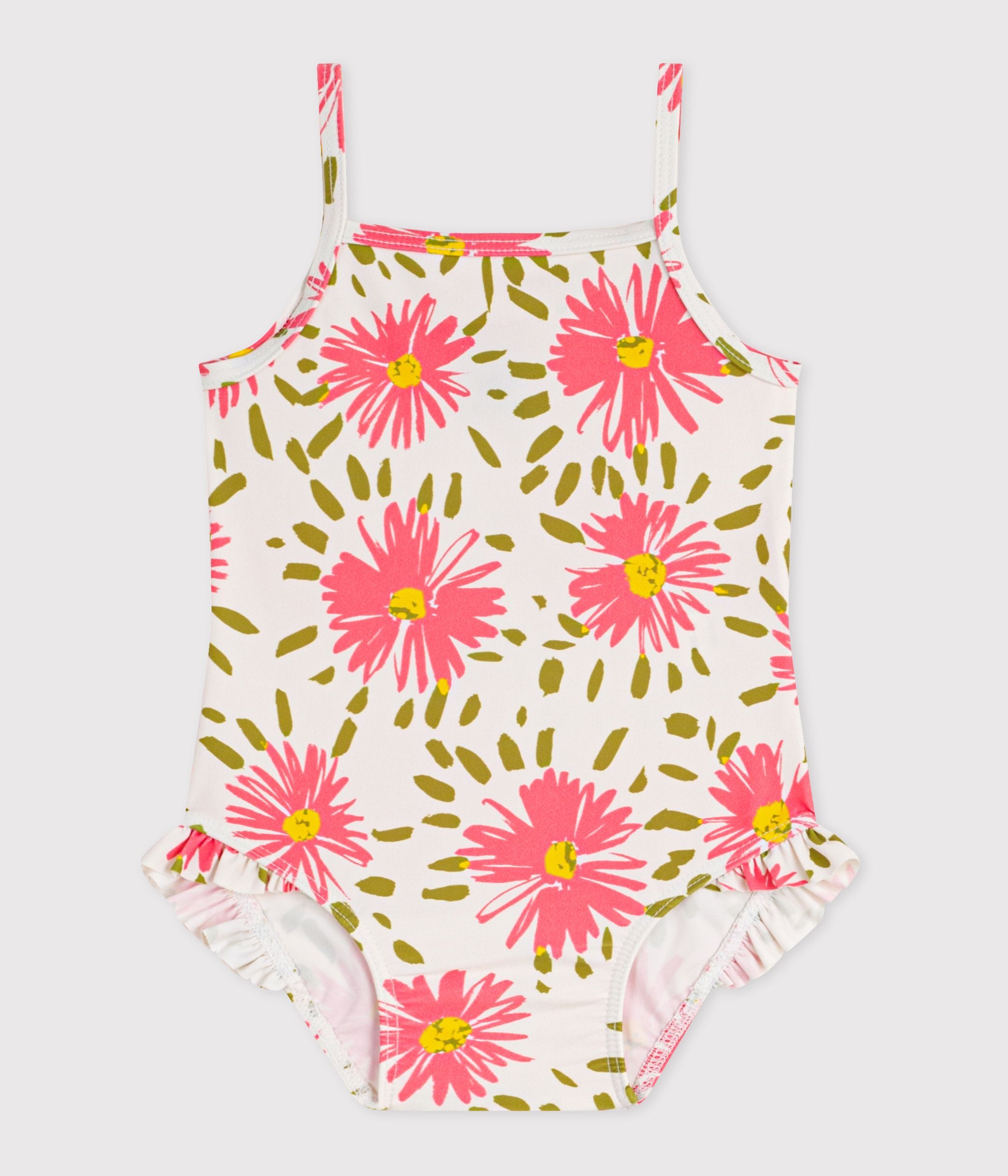 Babies' one-piece swimsuit with ruffles and a flower print.