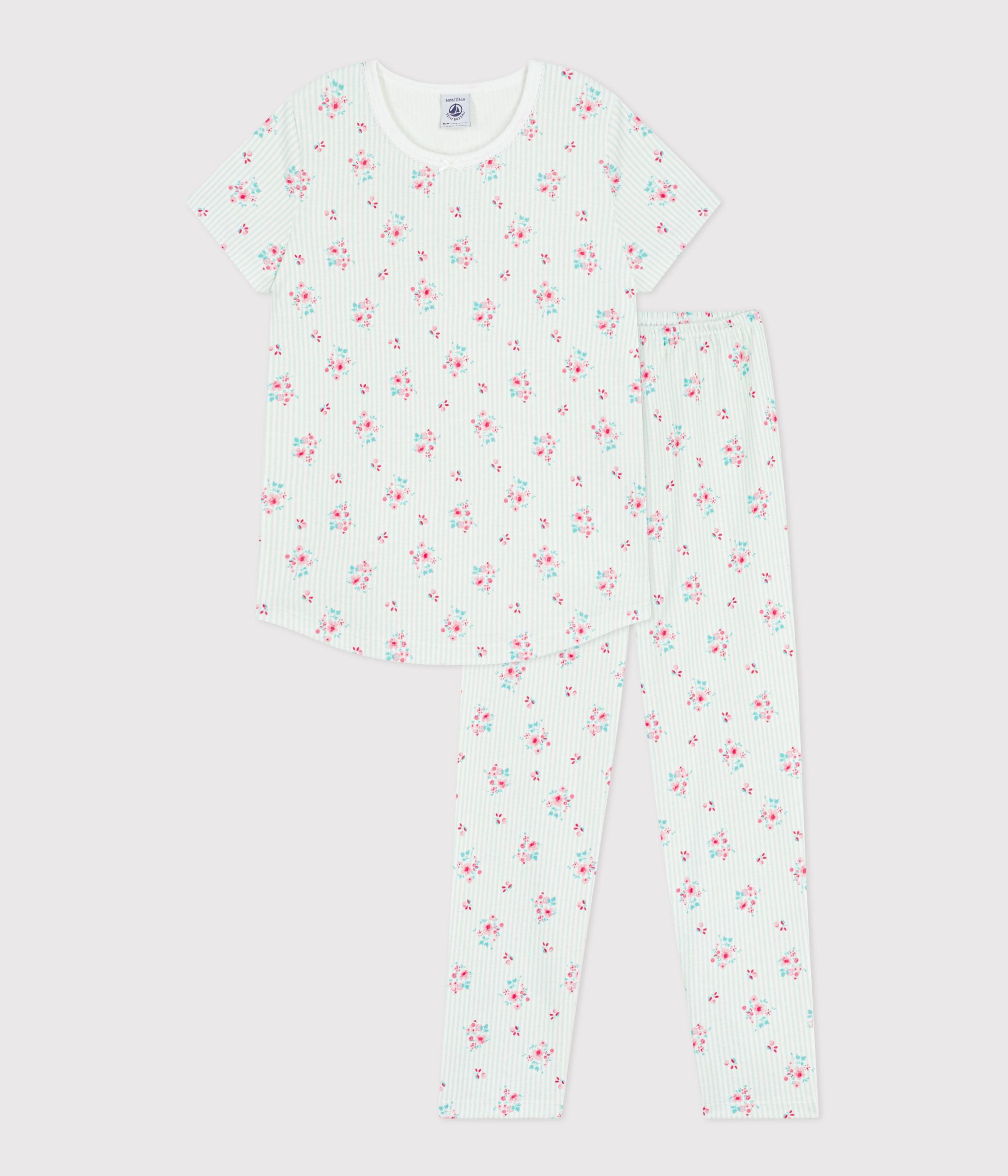 Children's short-sleeved long-leg flower-patterned cotton pyjamas