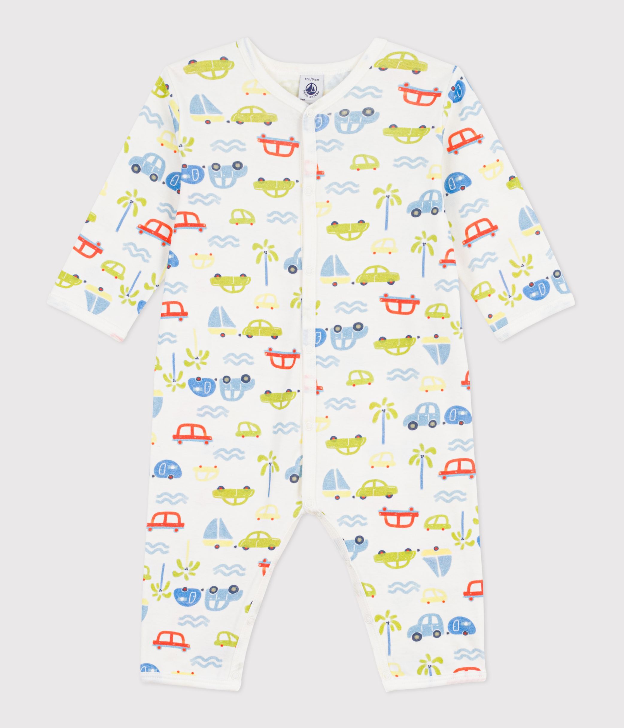 Babies' footless cotton pyjama suit with a motor car print