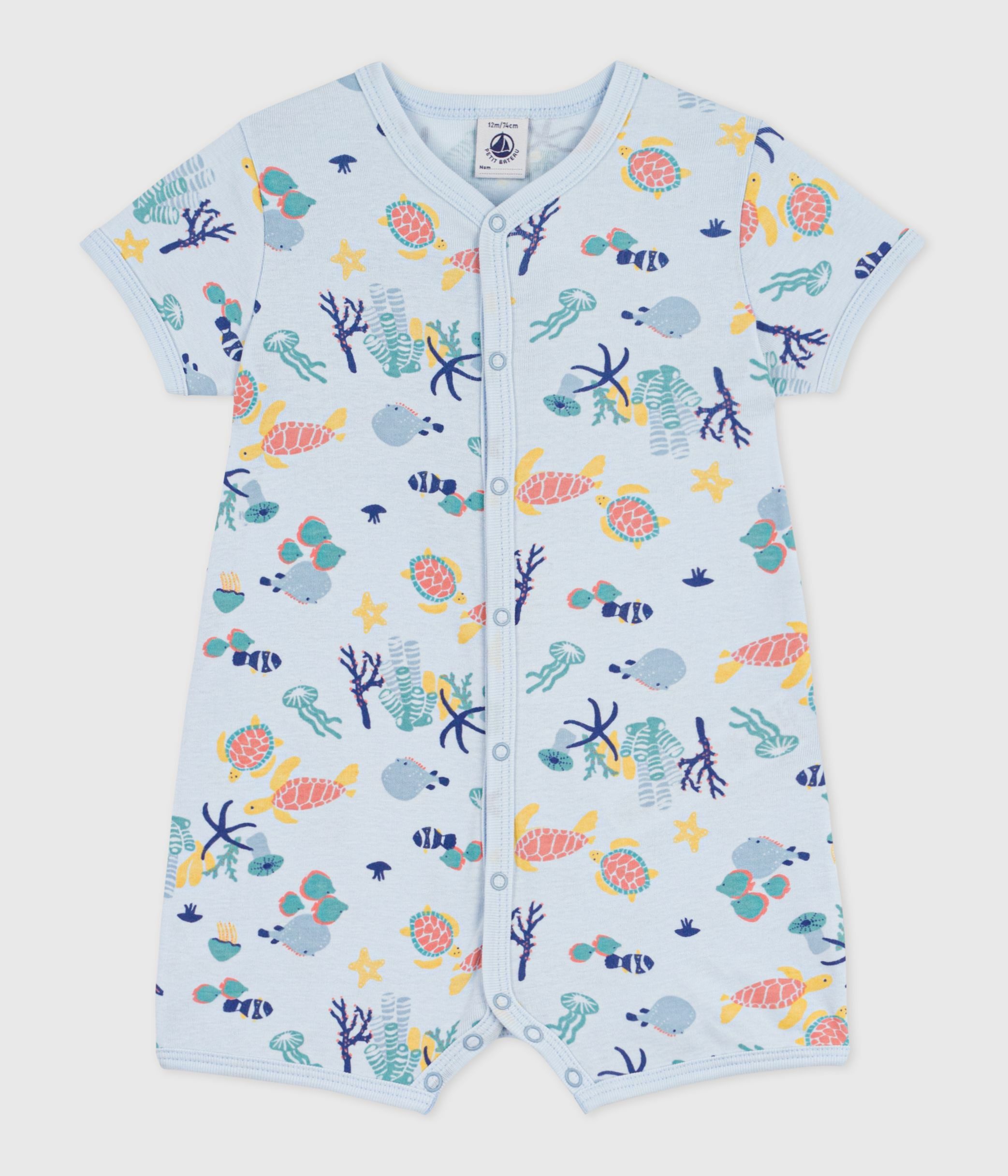 Babies' short cotton jumpsuit with a glow-in-the-dark marine print